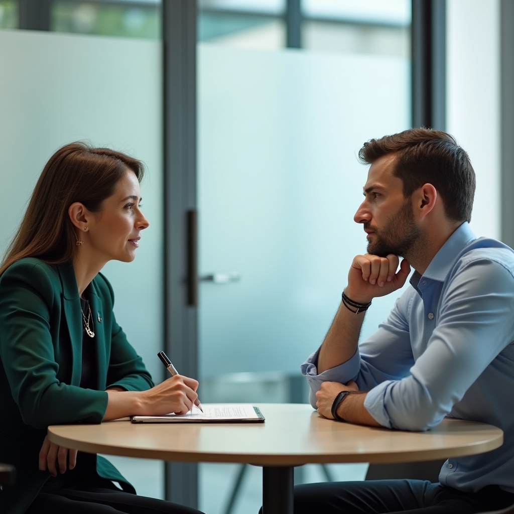 Coaching-Gespräch über Remote-Arbeitsstrategien in modernem Büroumfeld