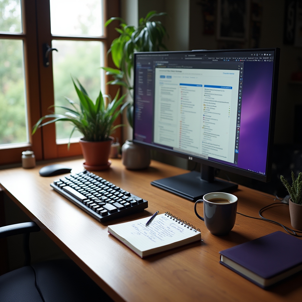 Aufgeräumter Homeoffice-Arbeitsplatz mit professionellem Setup