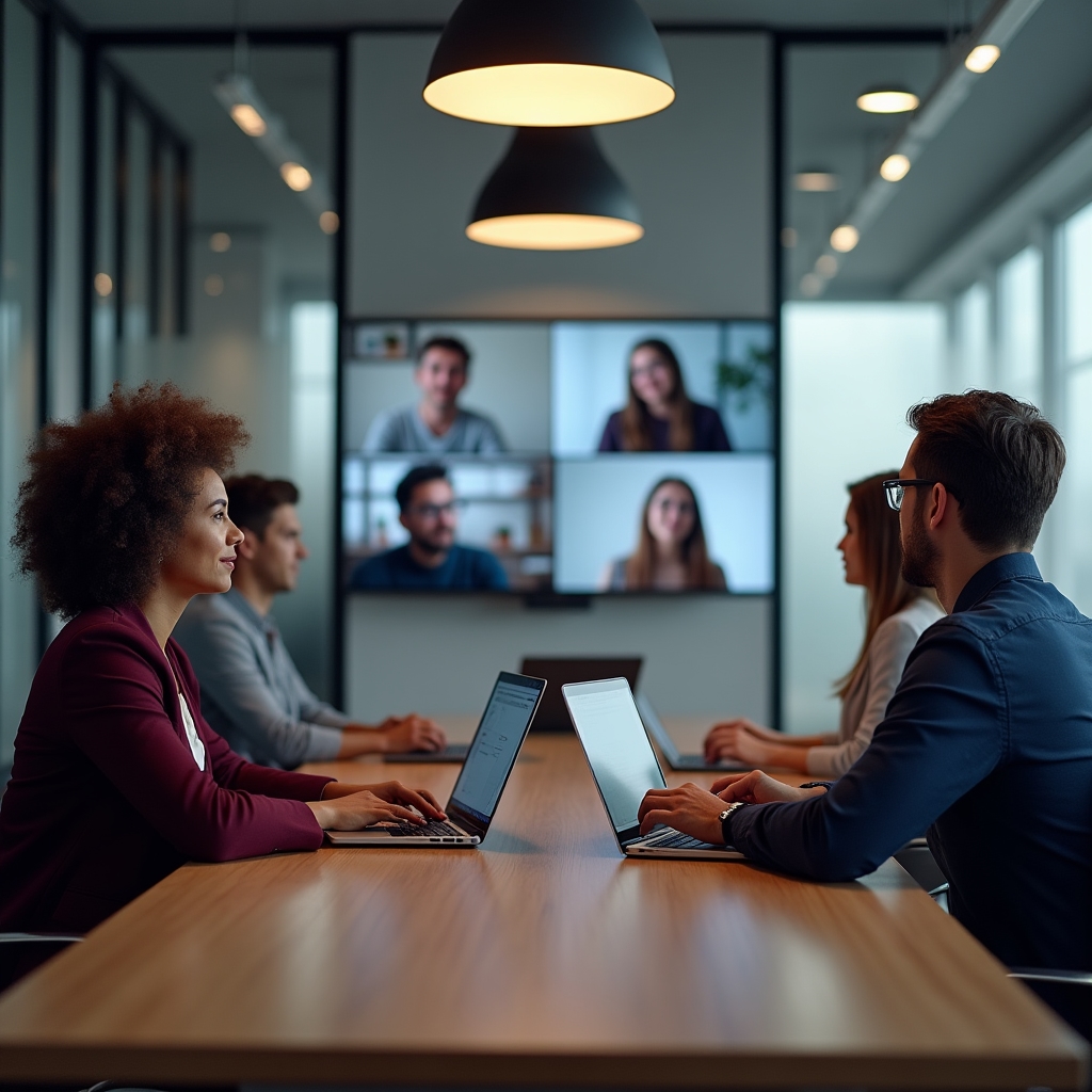 Hybrides Team in einem Video-Meeting mit Remote- und Büro-Teilnehmern
